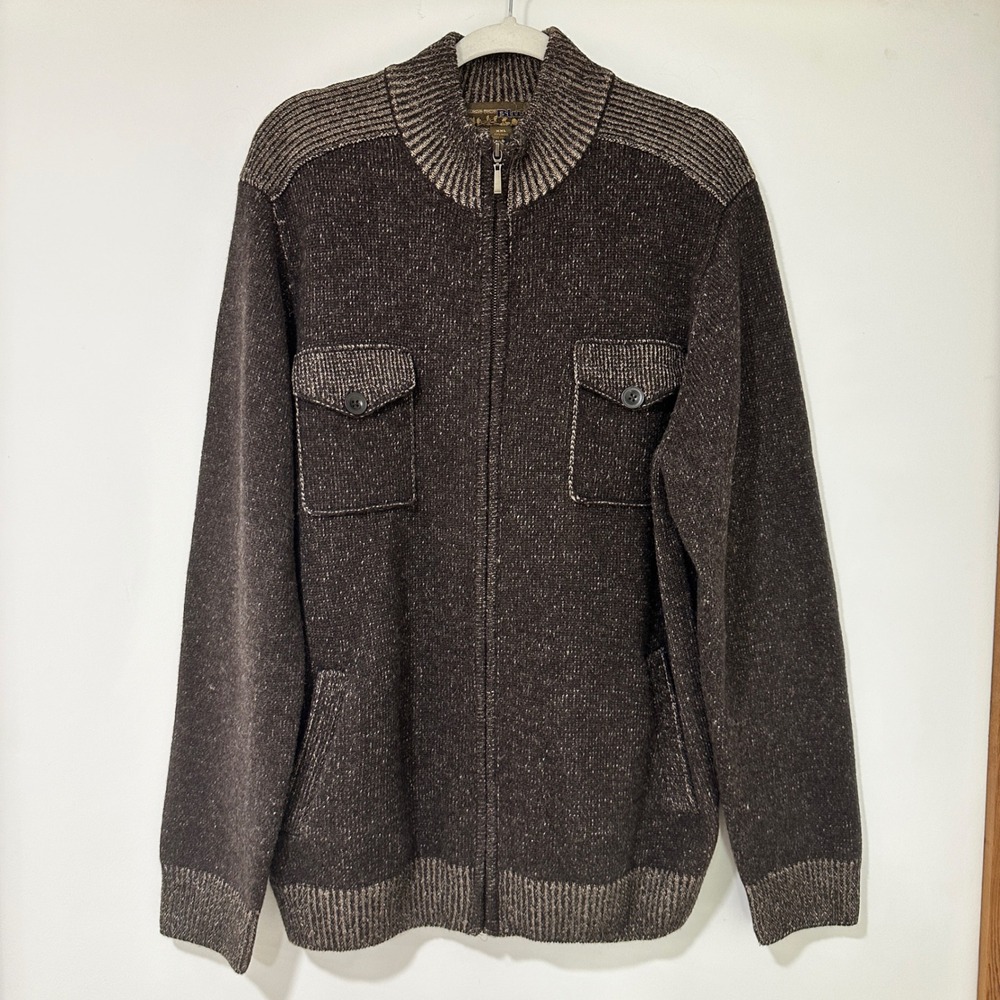 Pronto Uomo Blue Men XXL Brown 100% Wool Full Zip Cardigan Sweater Elbow Patch